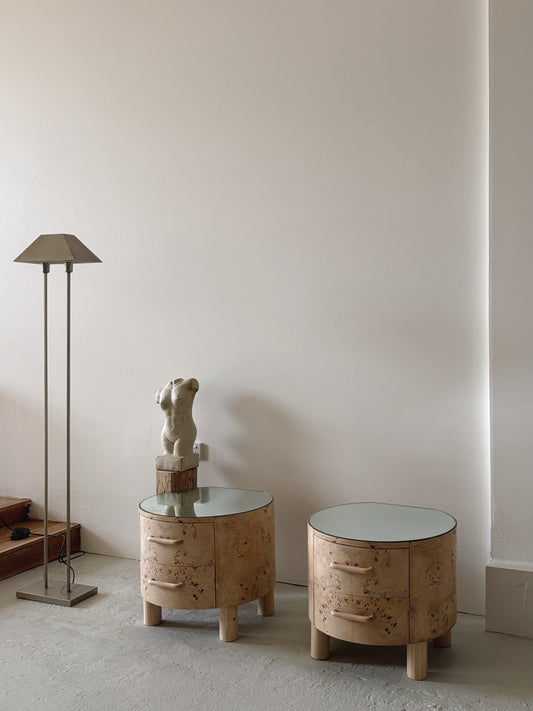 Bespoke Round Burl Bedside Tables