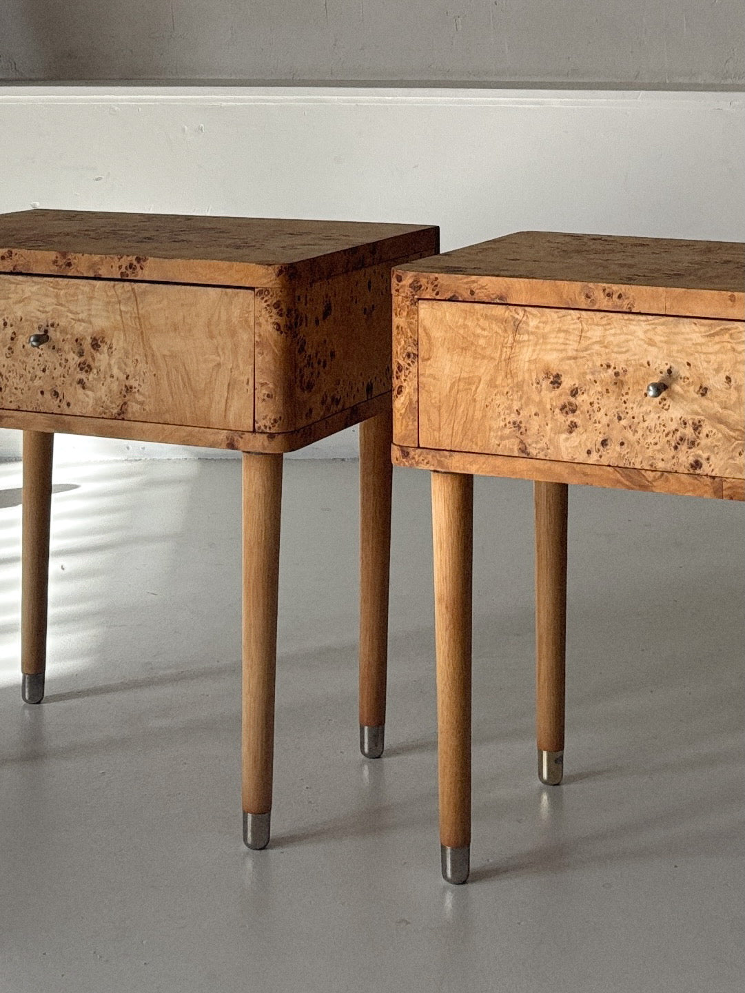 Single Draw Burl Bedside Tables