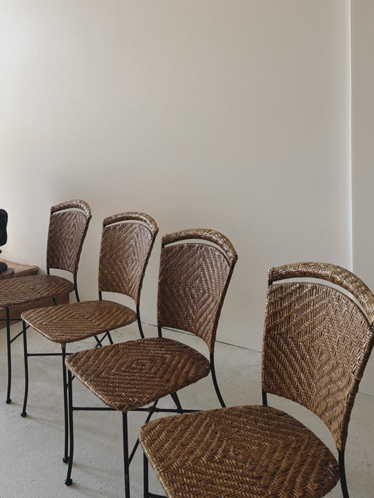 Set 4 Wrought Iron + Rattan Chairs
