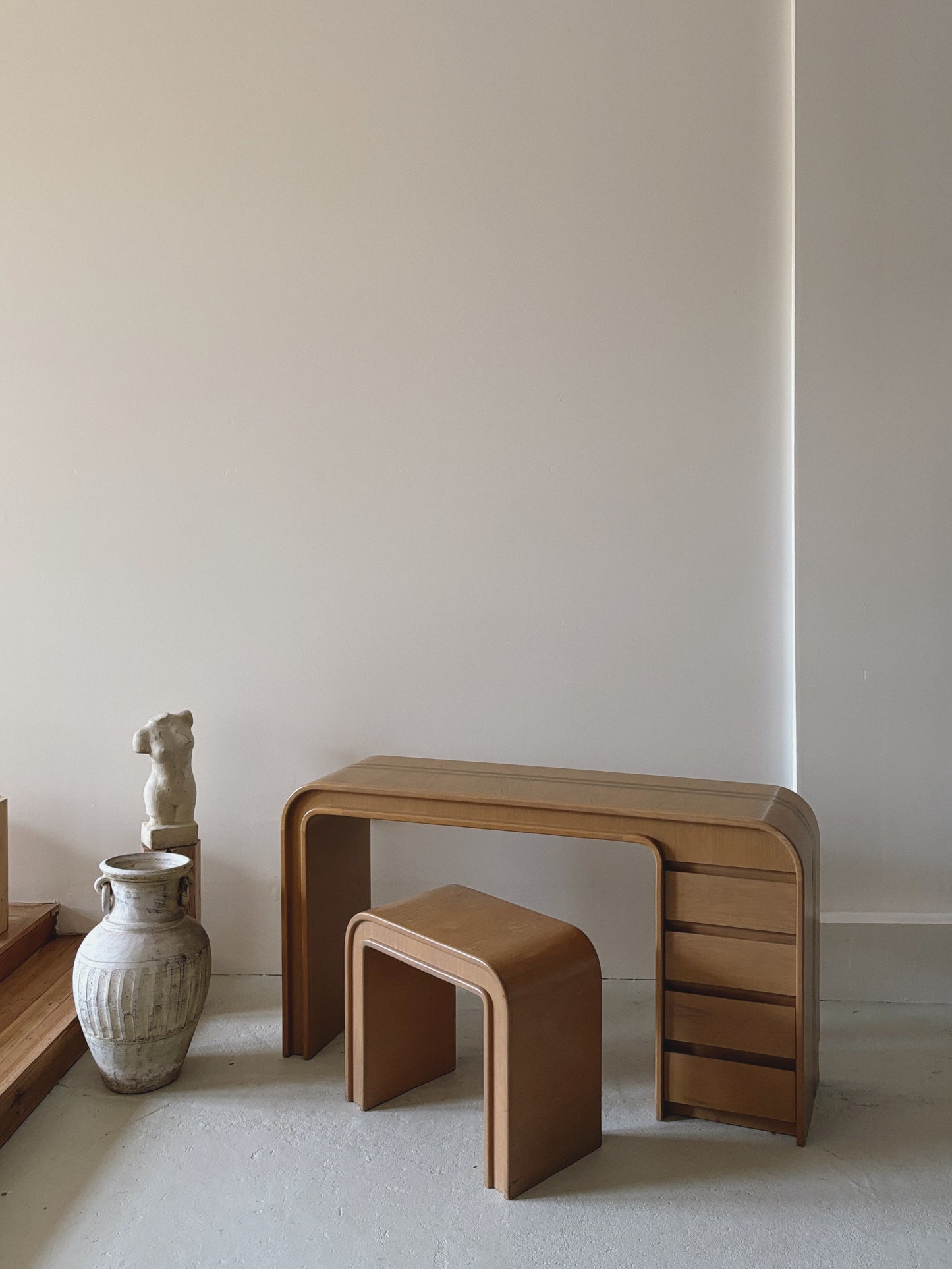 Custom 1980s Brass Inlay Desk + Stool