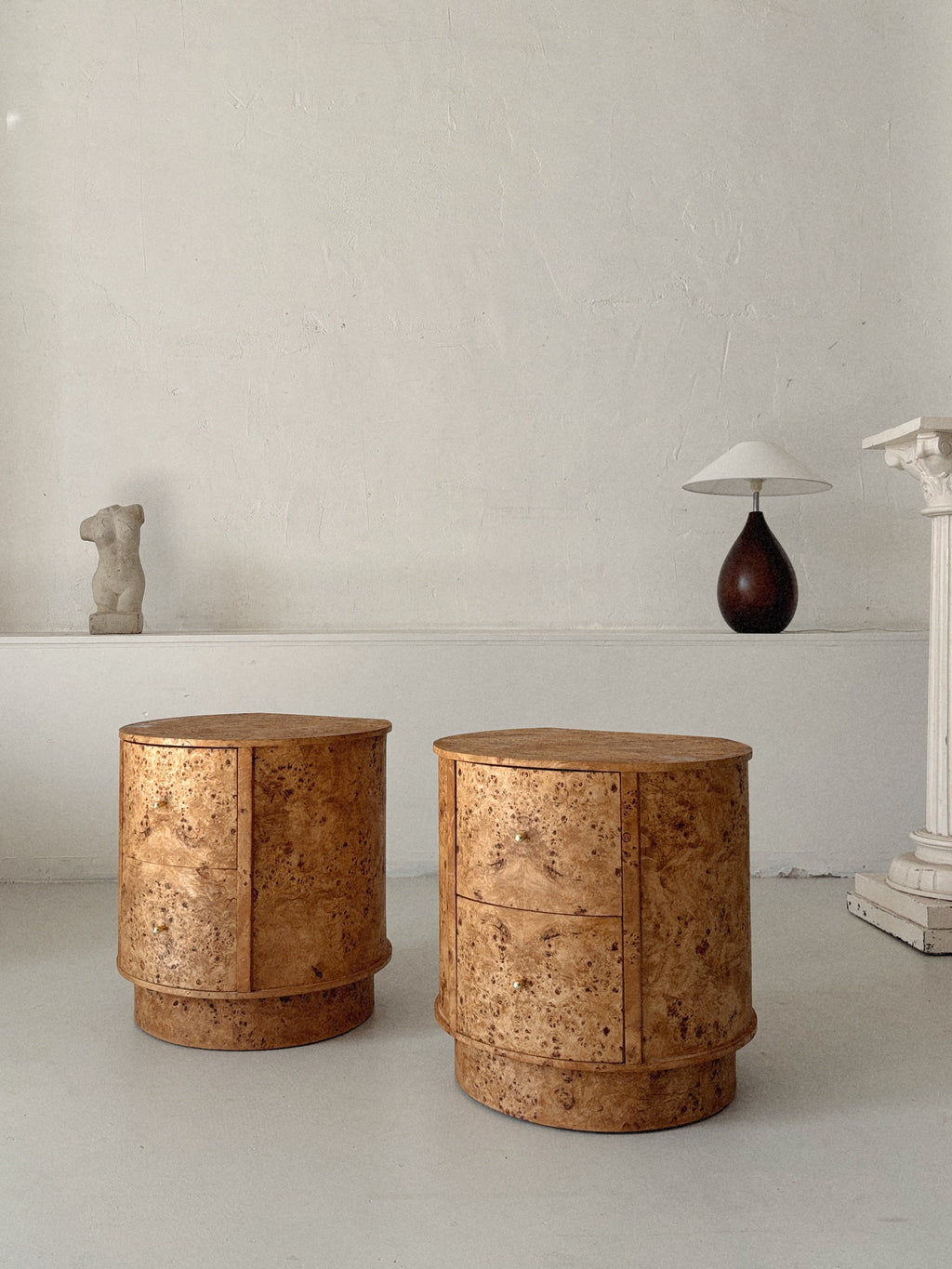 Round Vintage Burl Bedside Tables