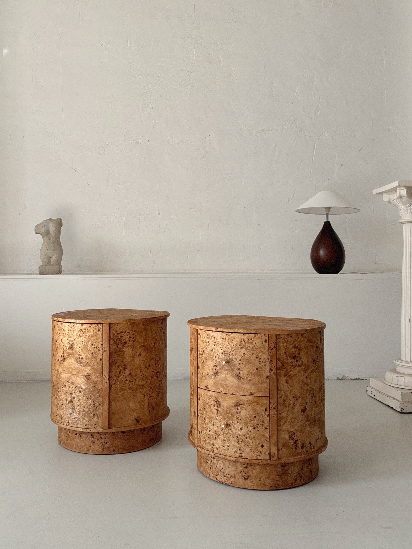 Round Vintage Burl Bedside Tables