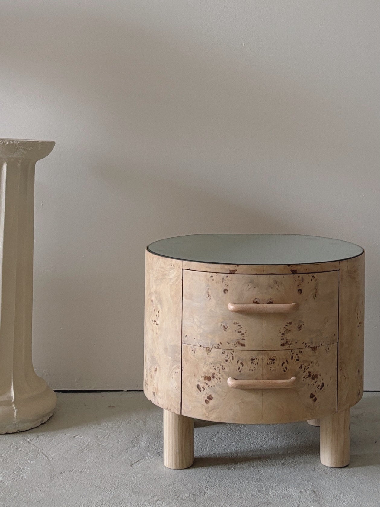 Bespoke Round Burl Bedside Tables