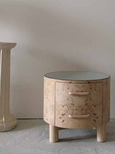 Bespoke Round Burl Bedside Tables