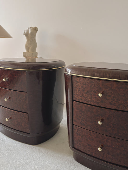 1990s Glossy Burl Bedside Tables