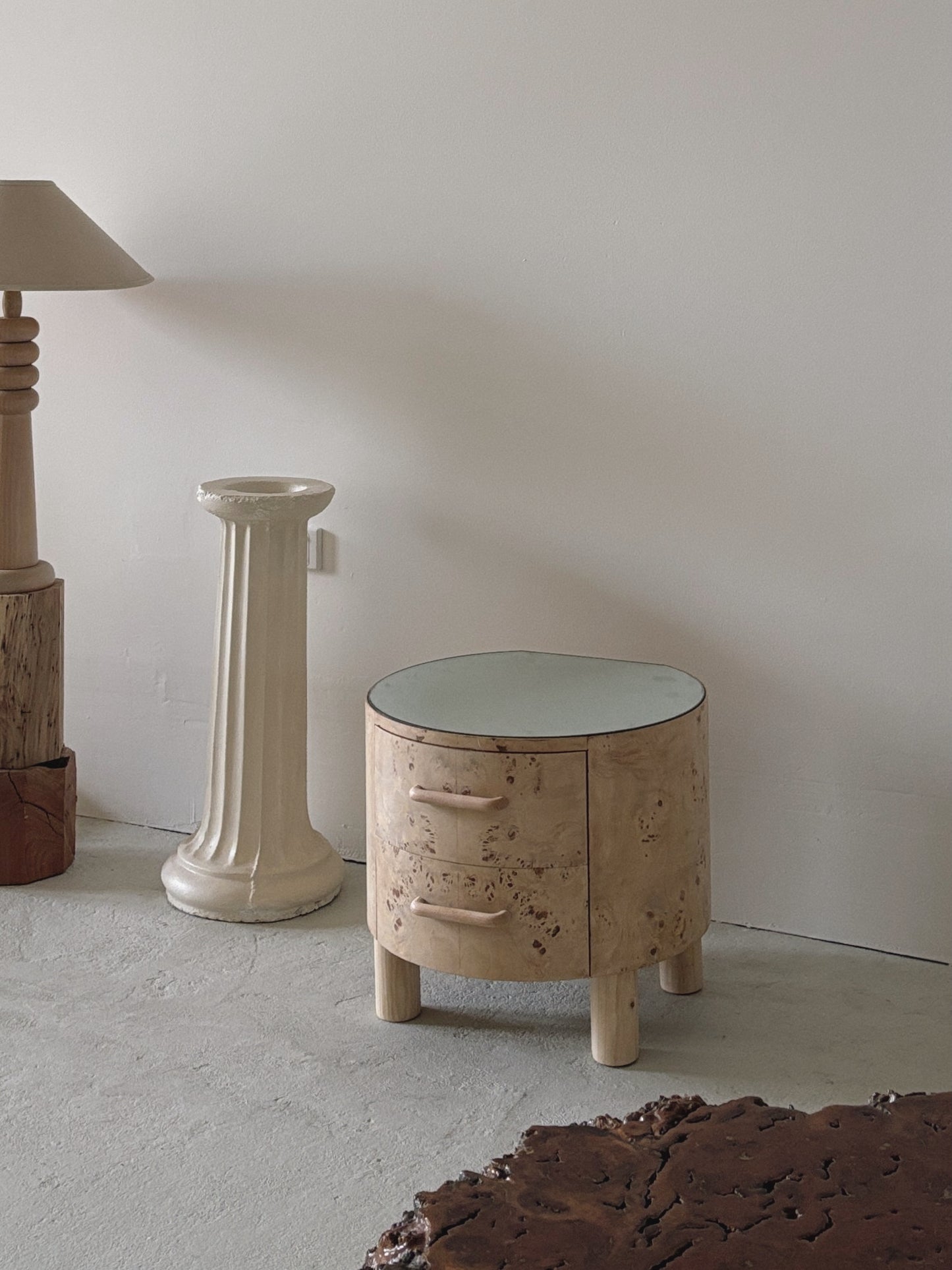 Bespoke Round Burl Bedside Tables
