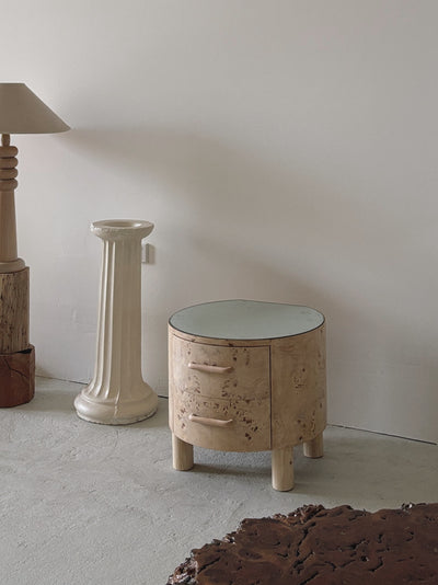 Bespoke Round Burl Bedside Tables