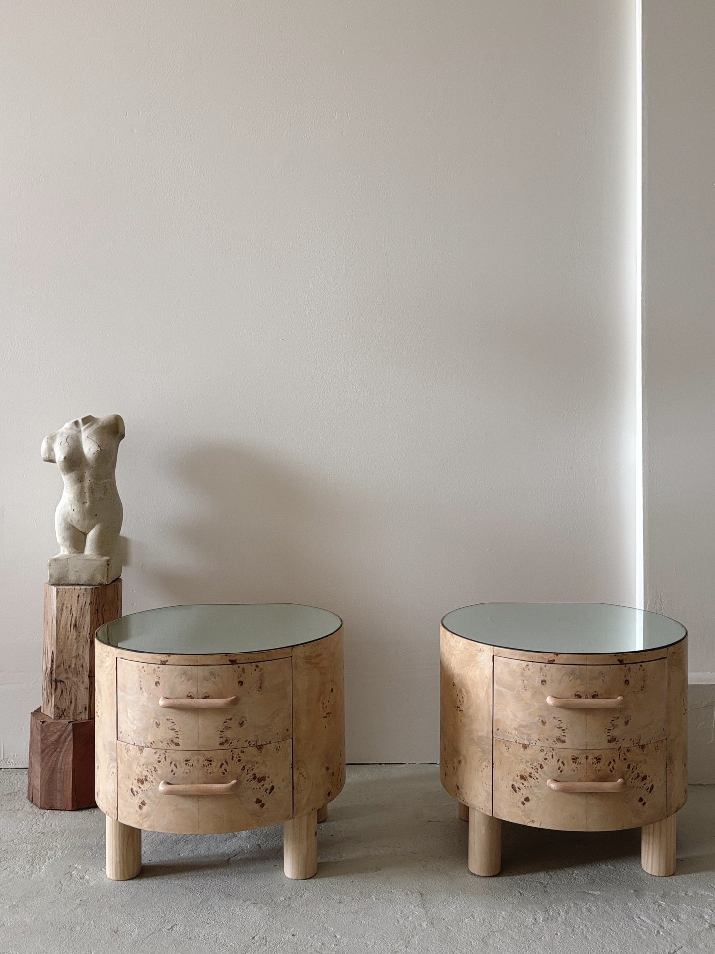 Bespoke Round Burl Bedside Tables