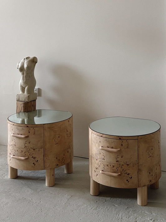 Bespoke Round Burl Bedside Tables