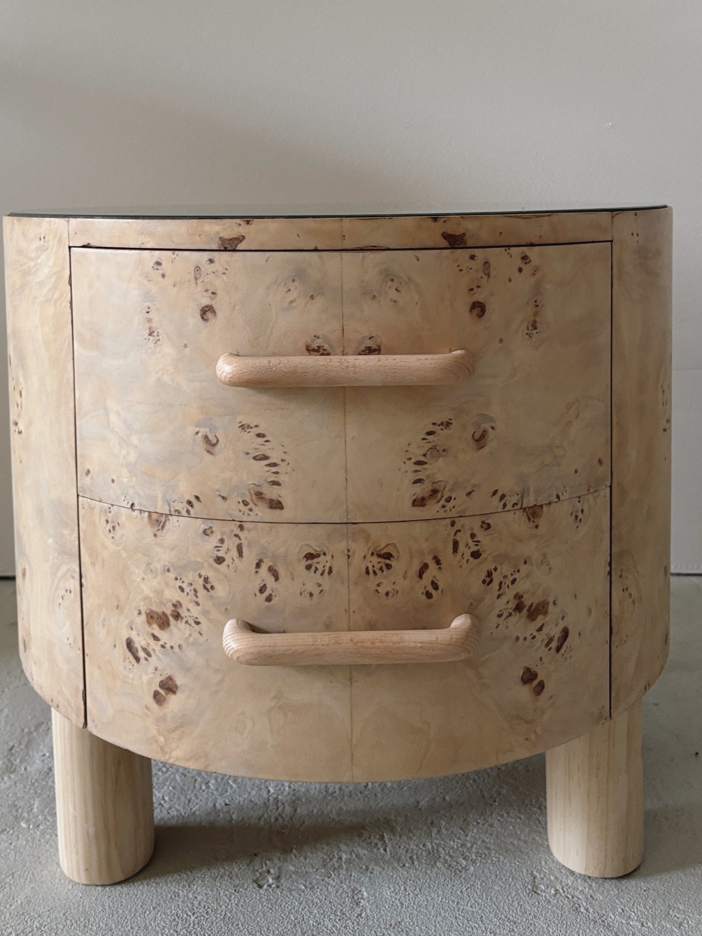 Bespoke Round Burl Bedside Tables