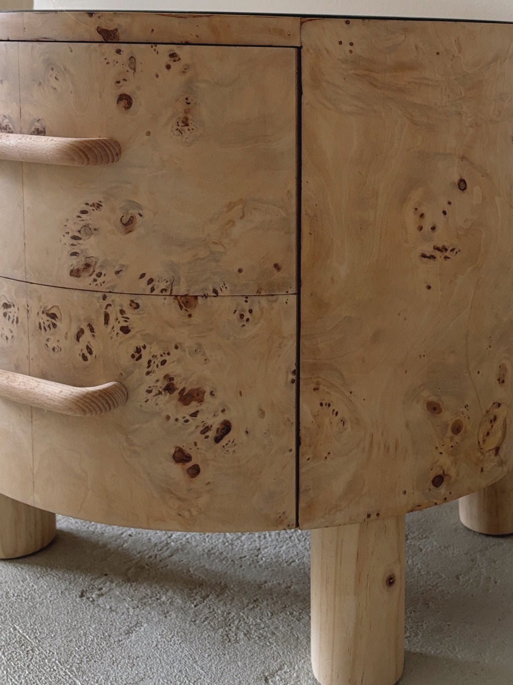 Bespoke Round Burl Bedside Tables