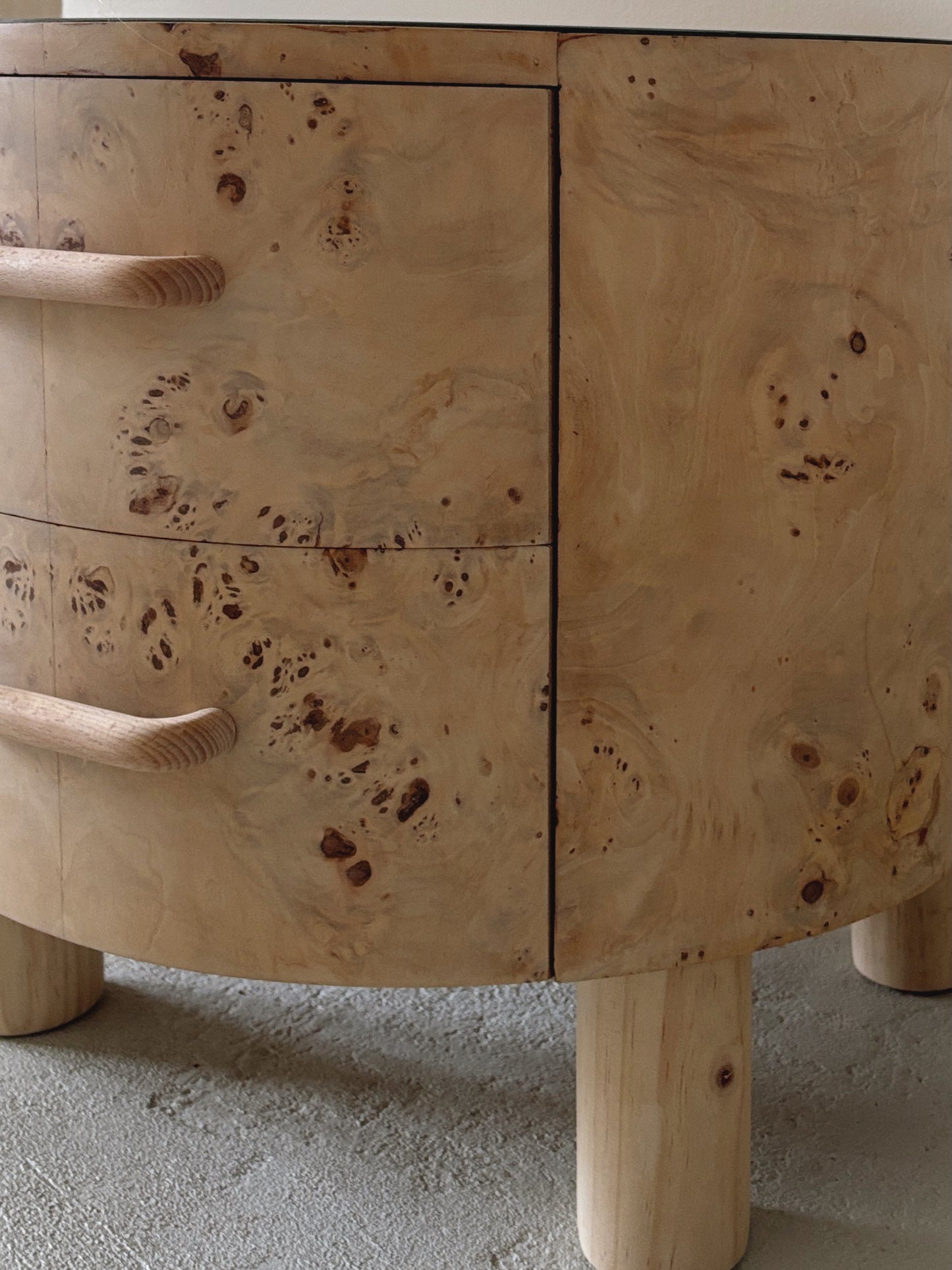 Bespoke Round Burl Bedside Tables