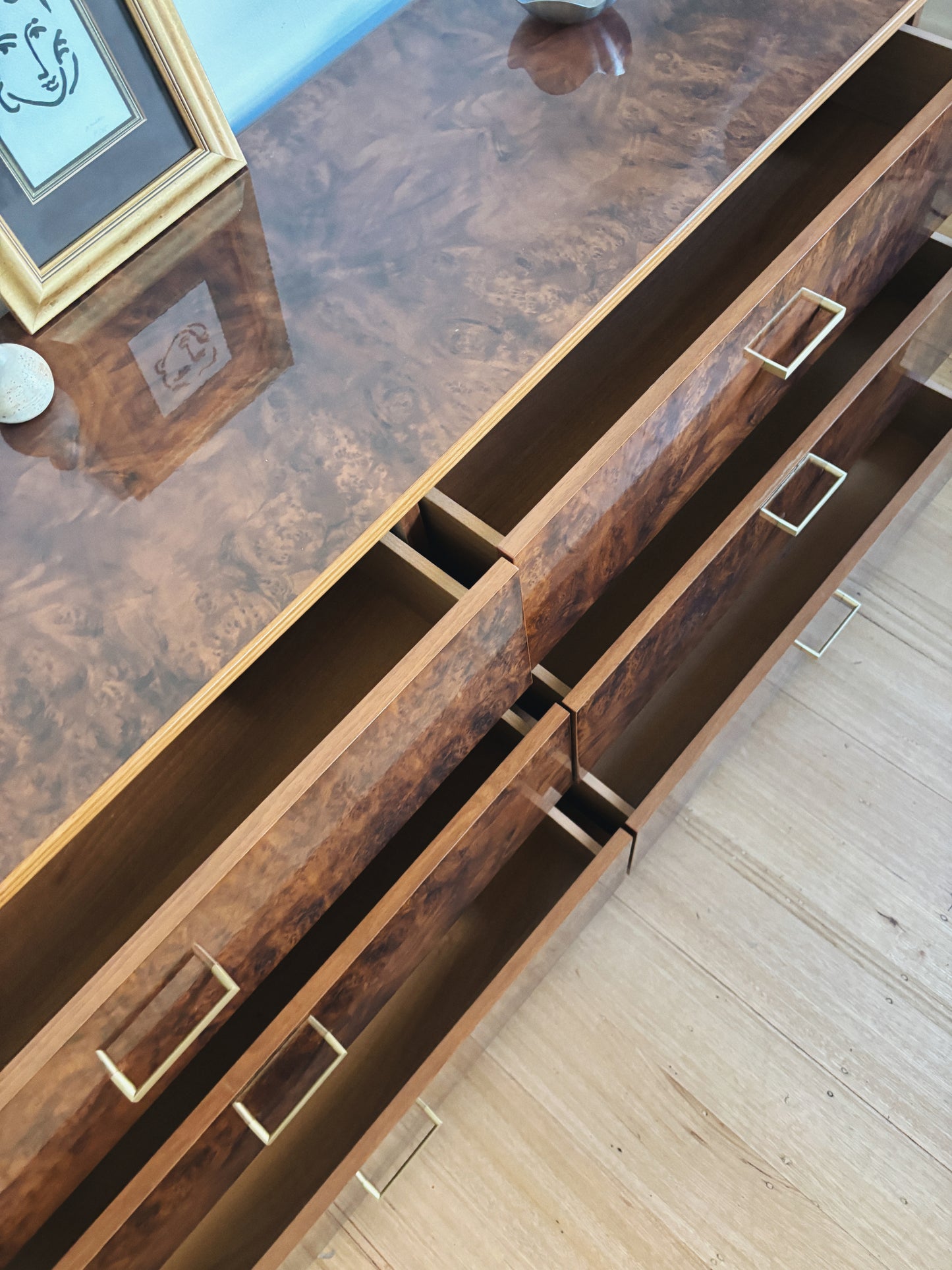 Glossy Burl Lowboy Drawers