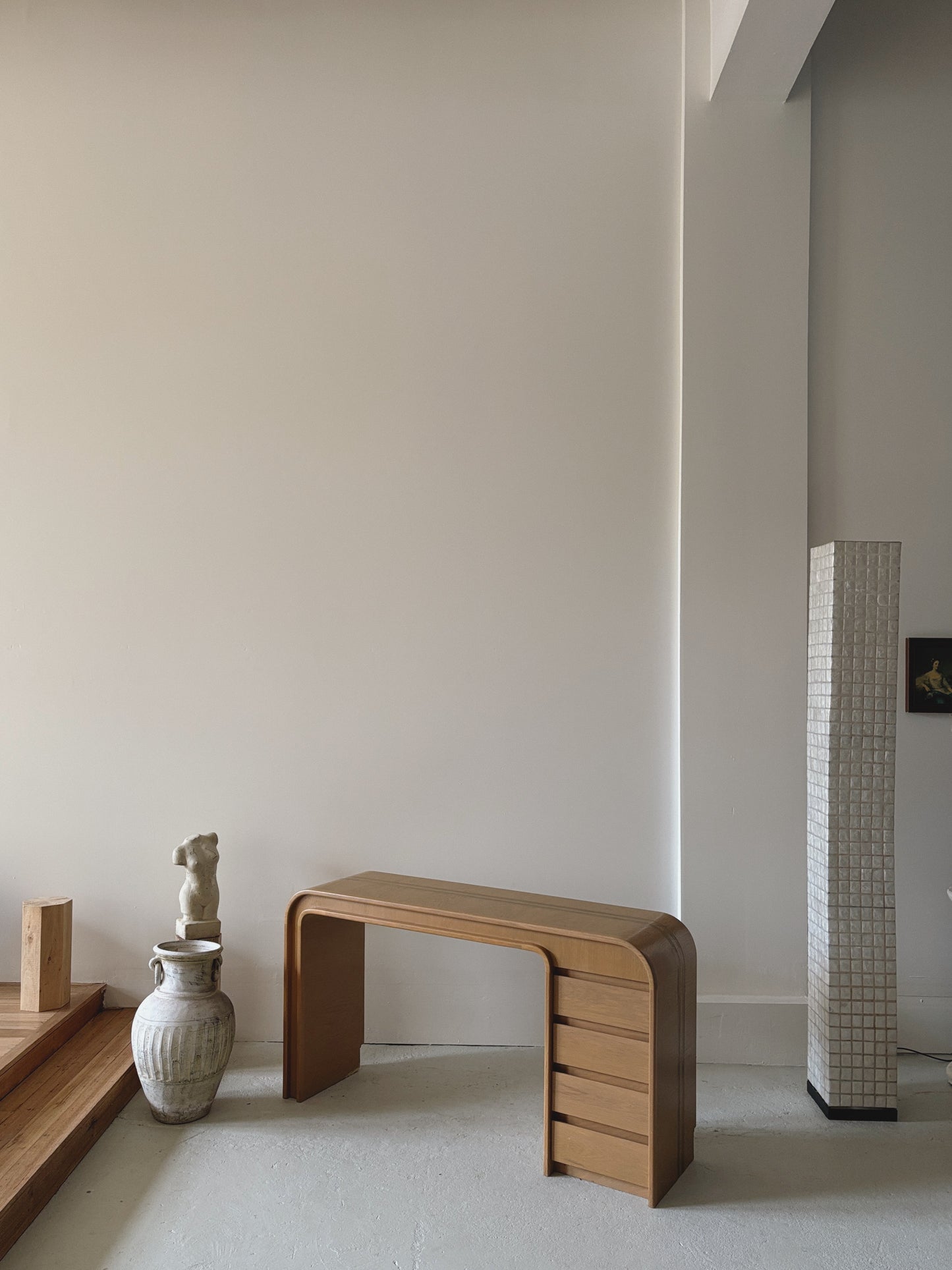 Custom 1980s Brass Inlay Desk + Stool