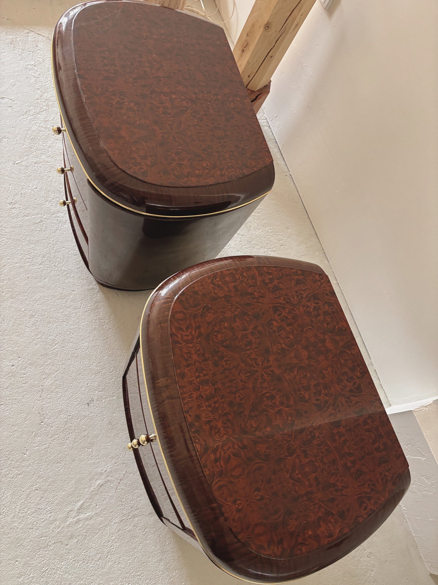 1990s Glossy Burl Bedside Tables