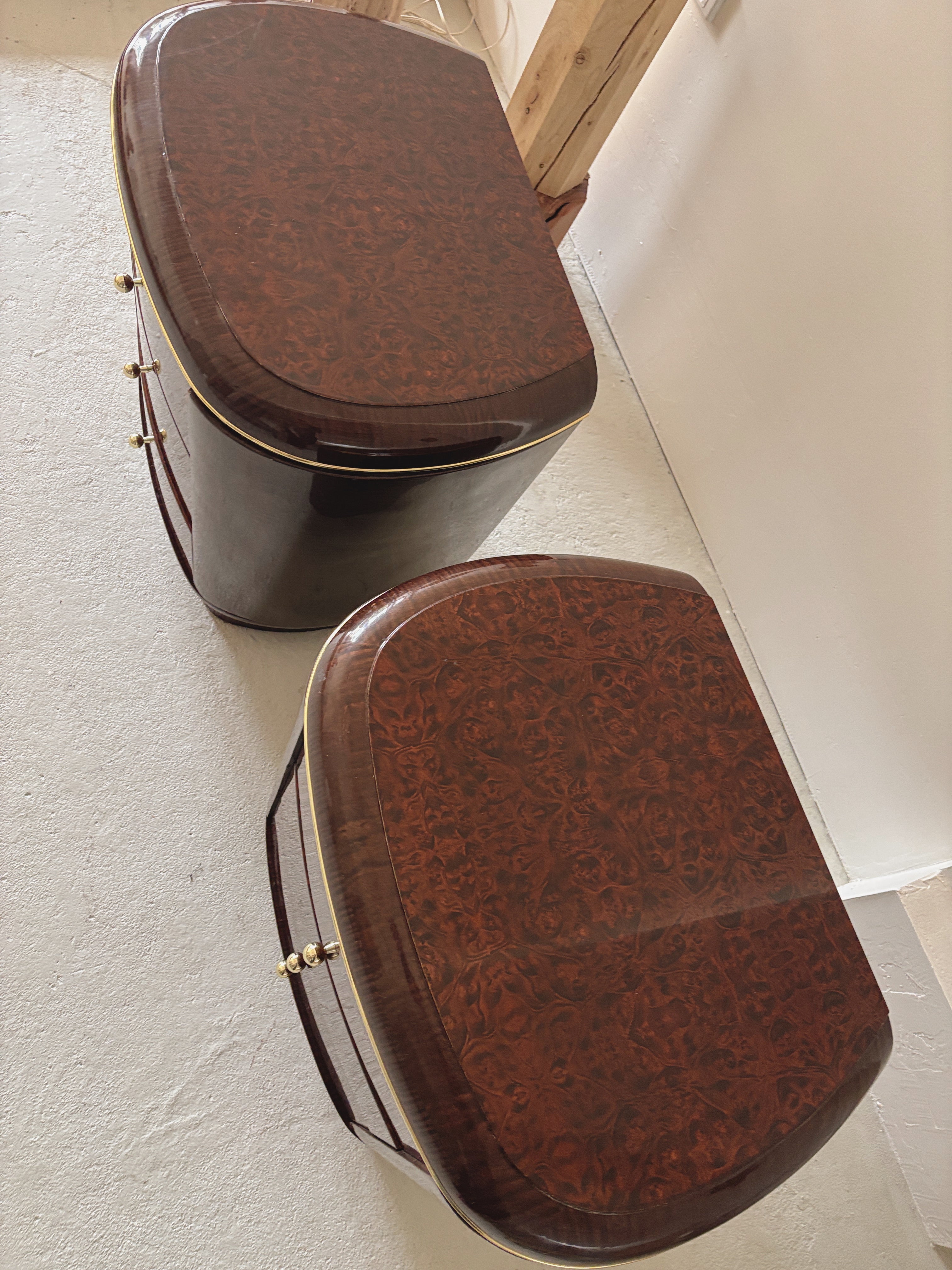 1990s Glossy Burl Bedside Tables