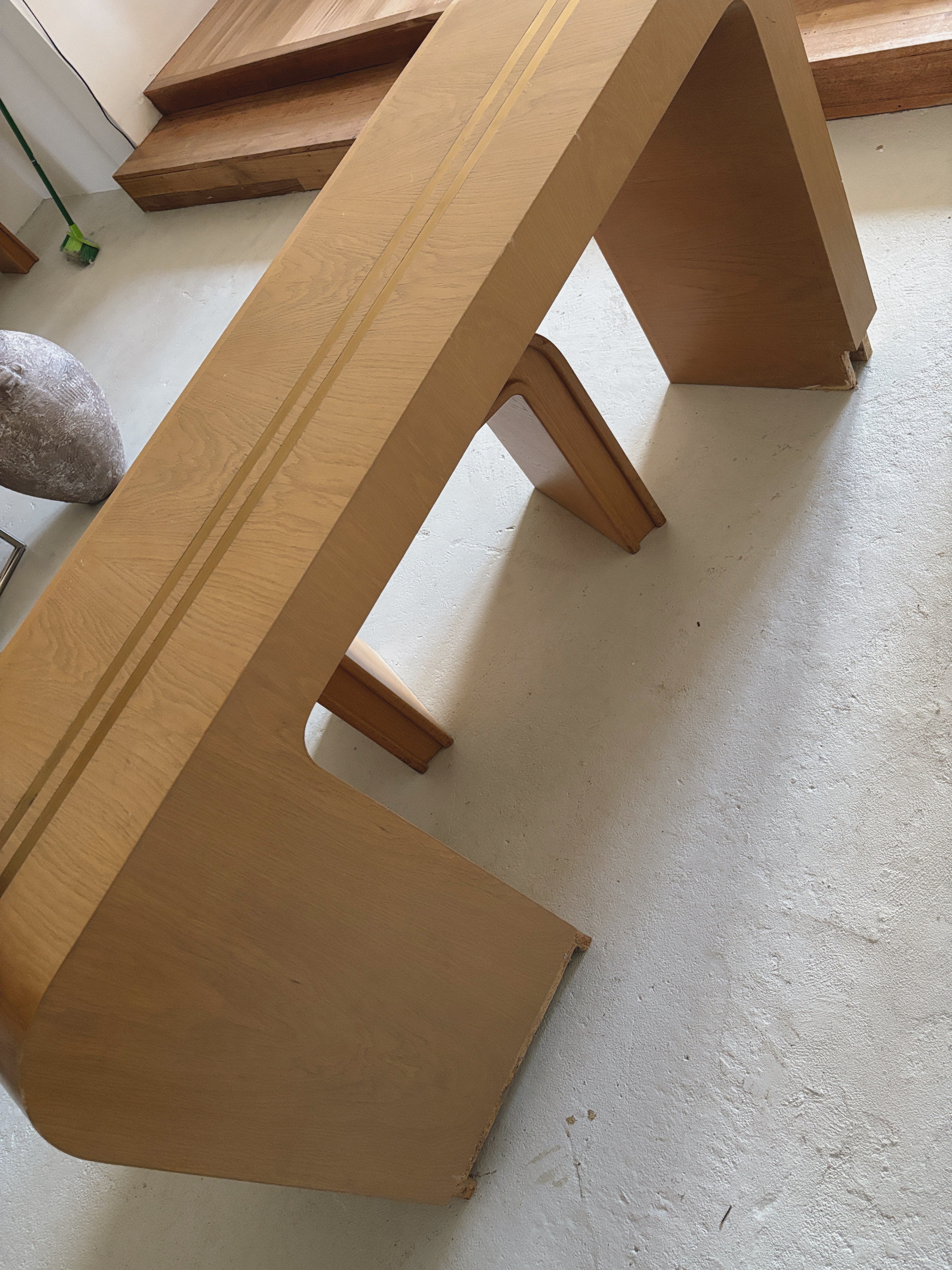 Custom 1980s Brass Inlay Desk + Stool