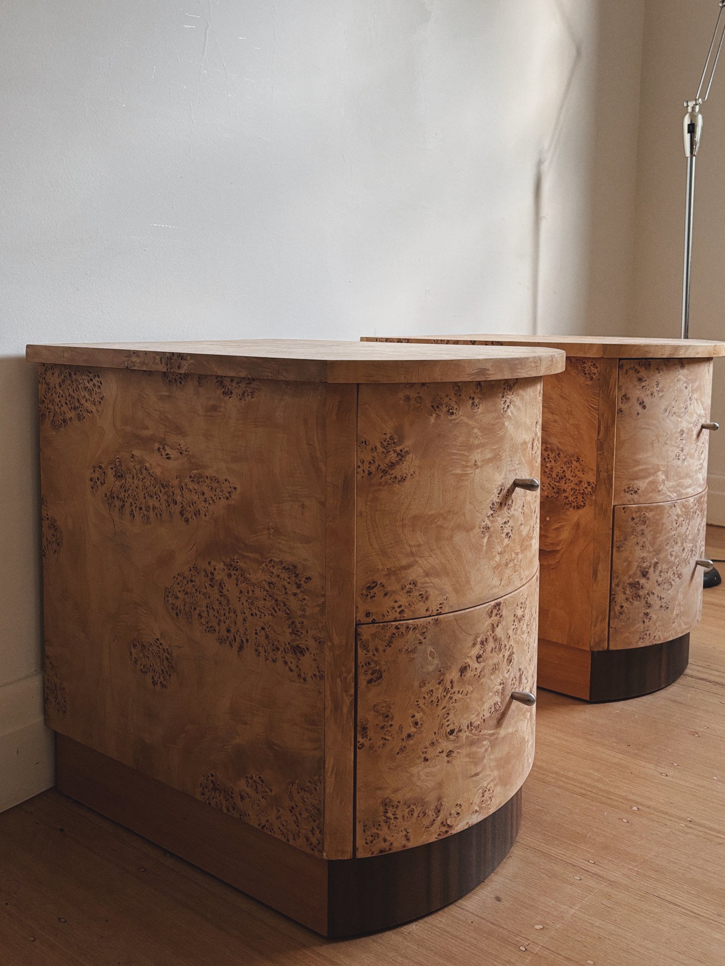 Custom Rounded Burl Bedside Tables