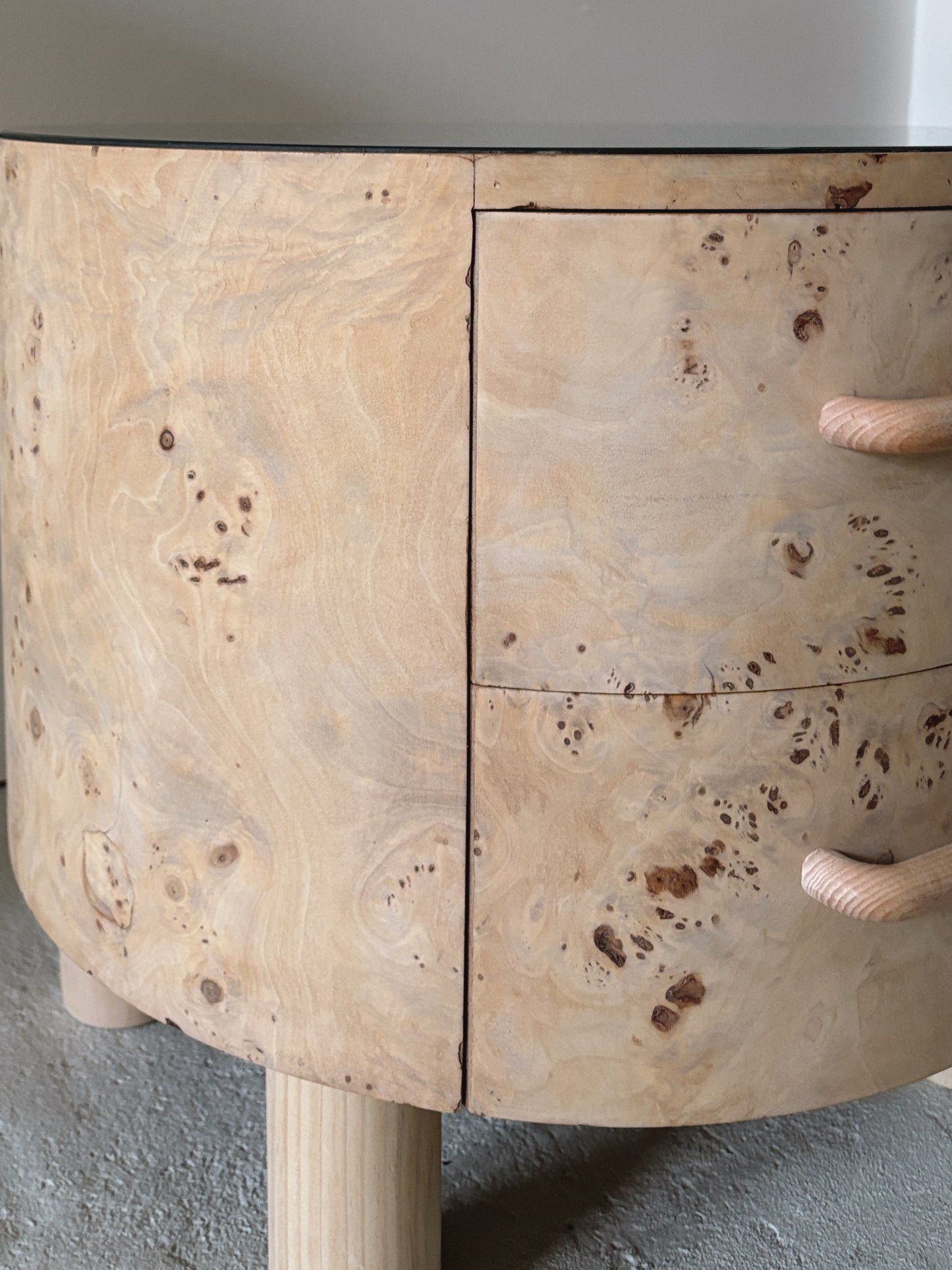 Bespoke Round Burl Bedside Tables