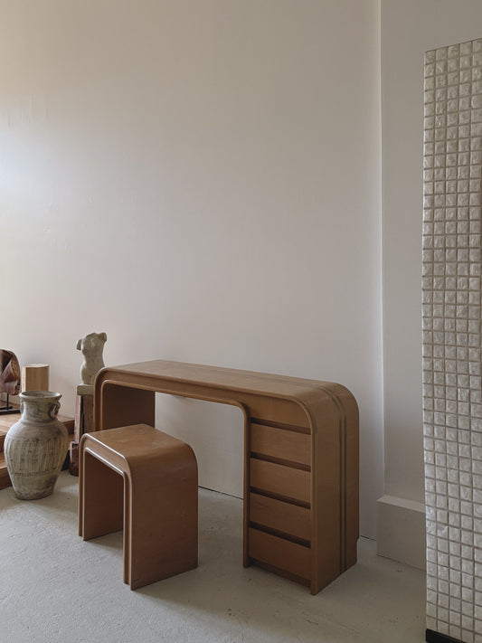 Custom 1980s Brass Inlay Desk + Stool