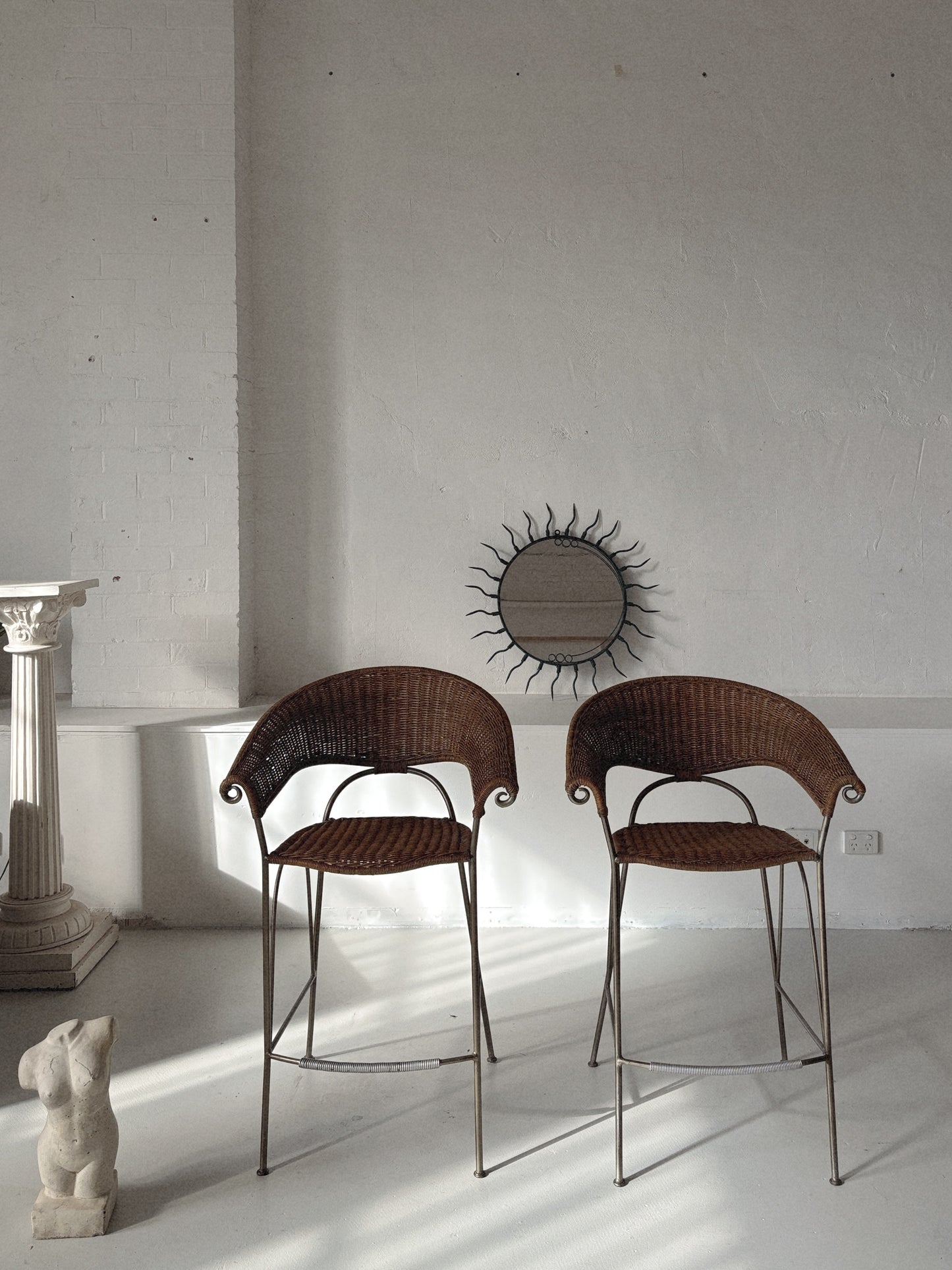Set of 2 Rattan + Iron Stools