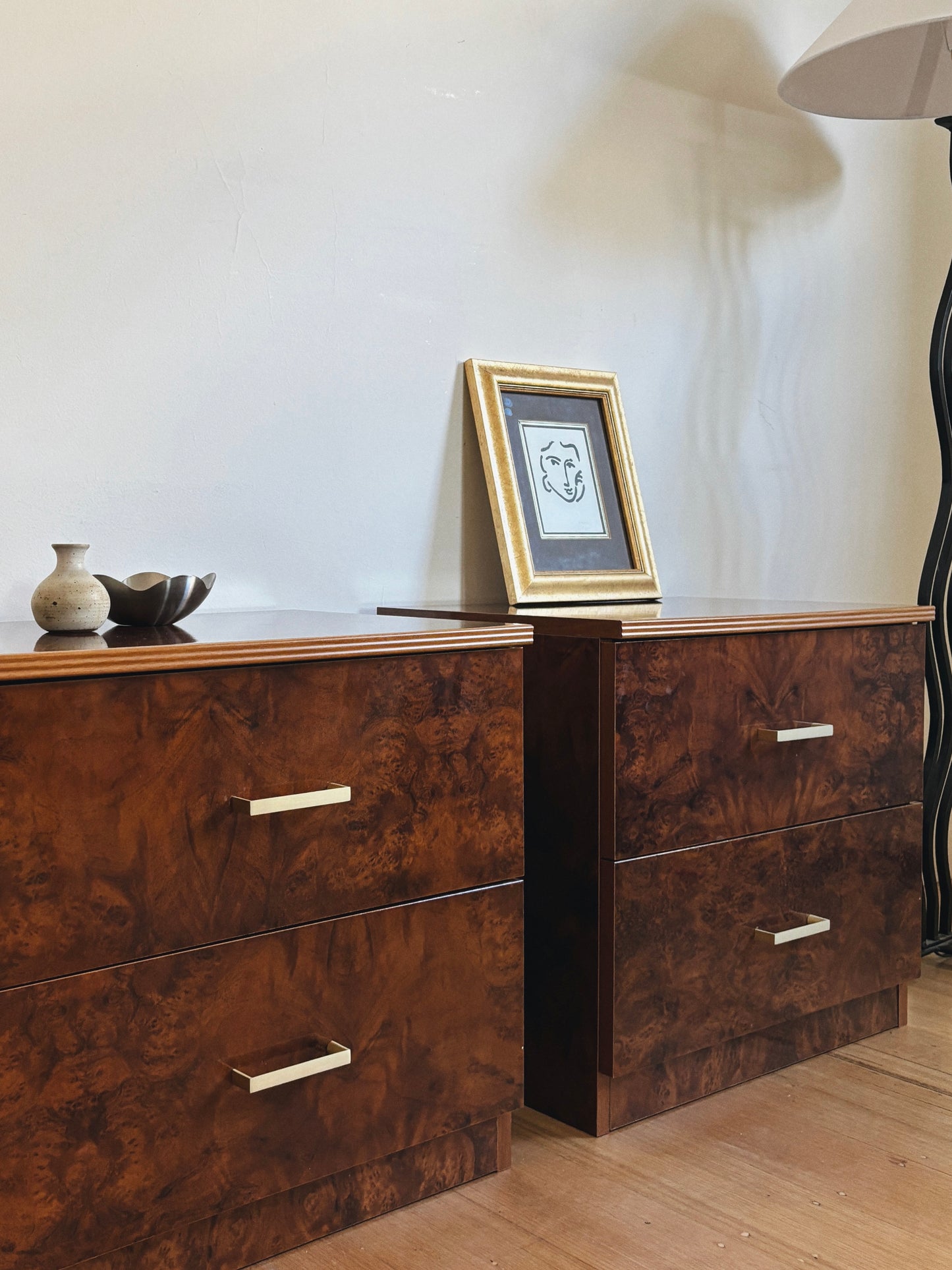 Glossy Burl Bedside Tables