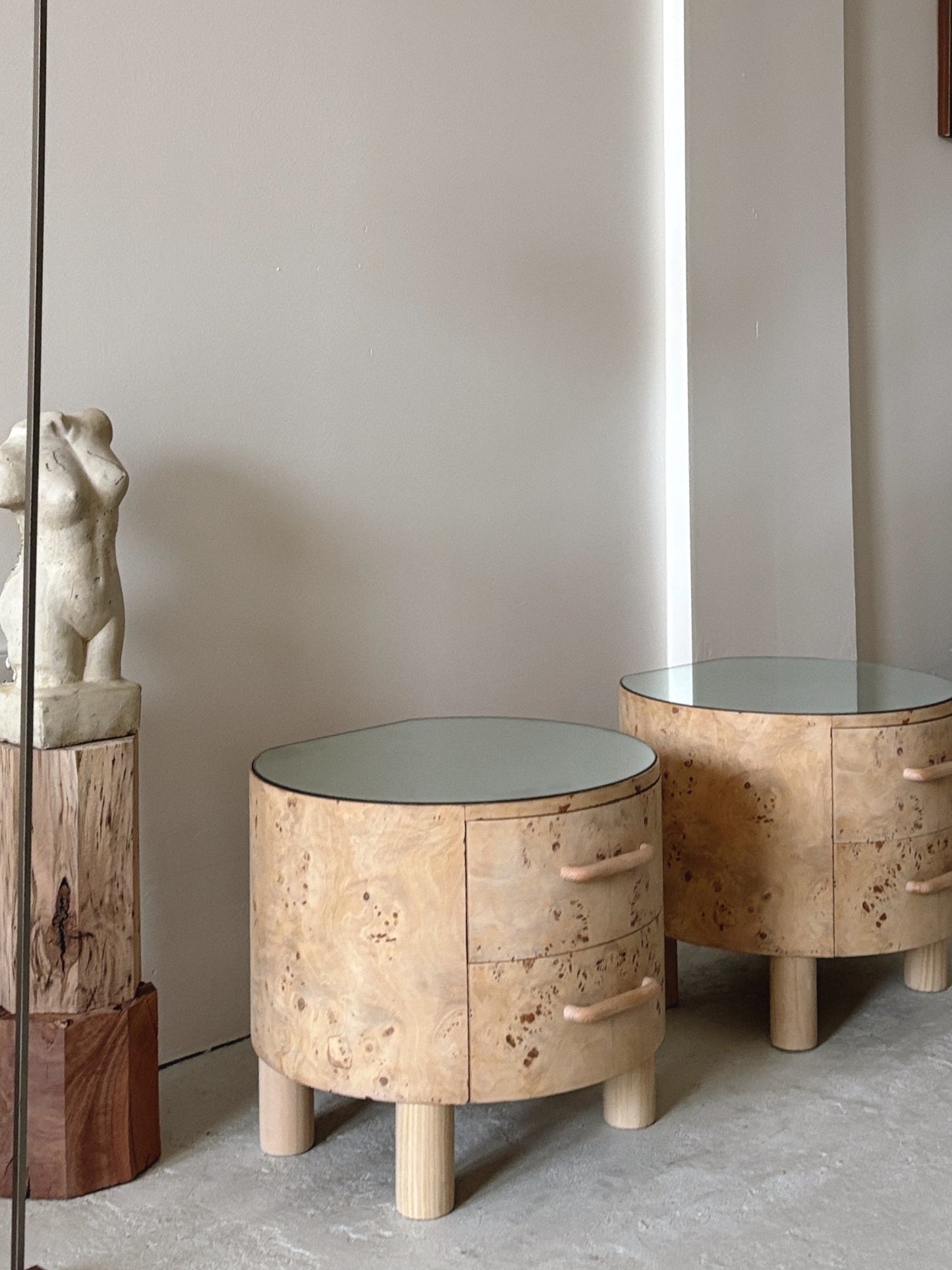 Bespoke Round Burl Bedside Tables