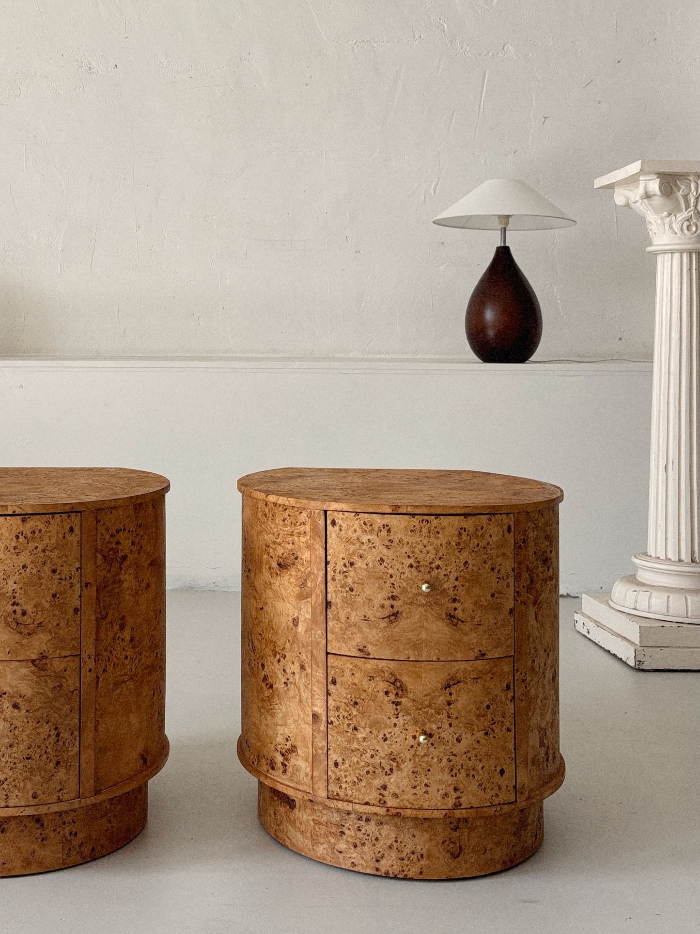 Round Vintage Burl Bedside Tables