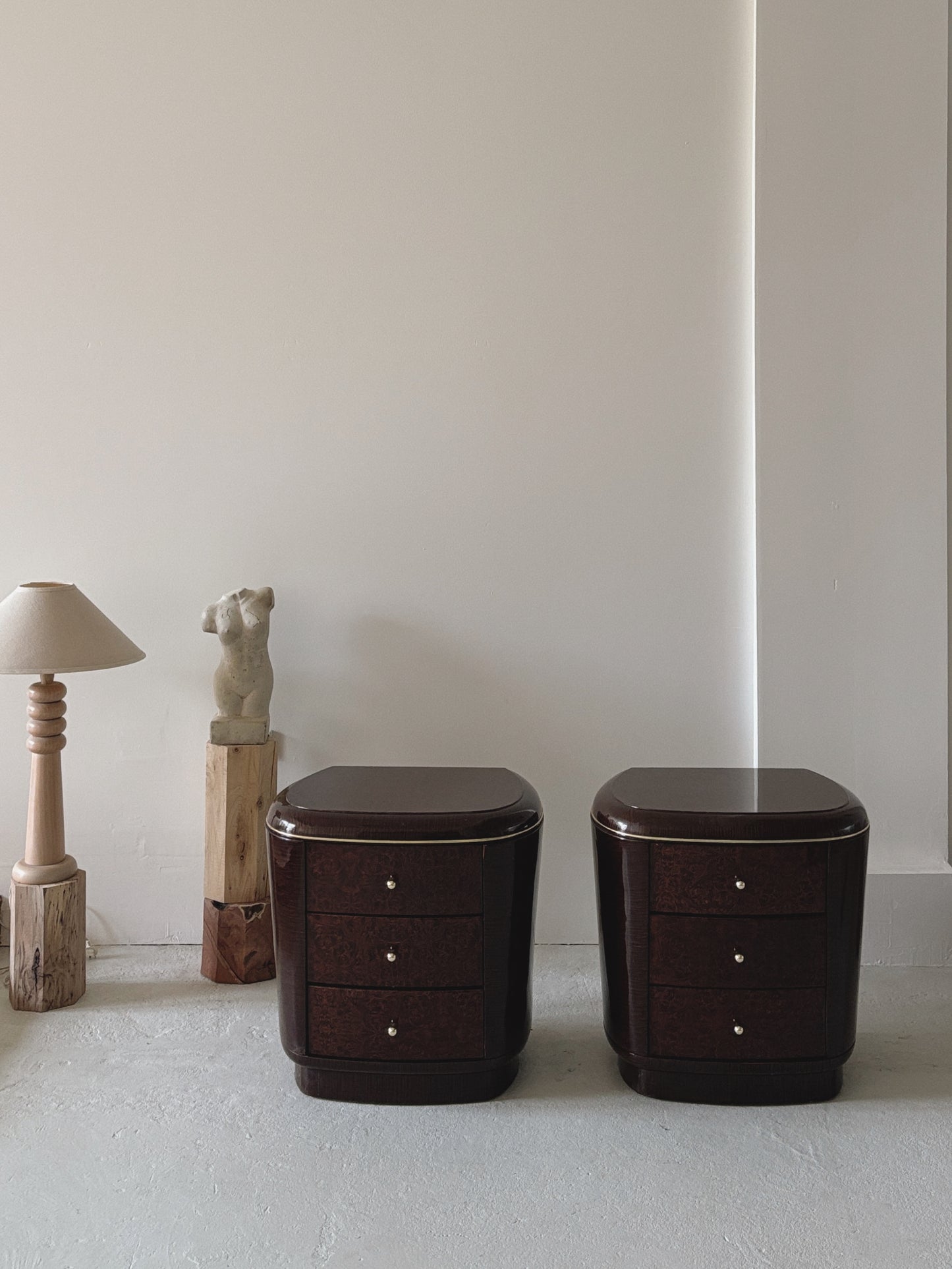 1990s Glossy Burl Bedside Tables