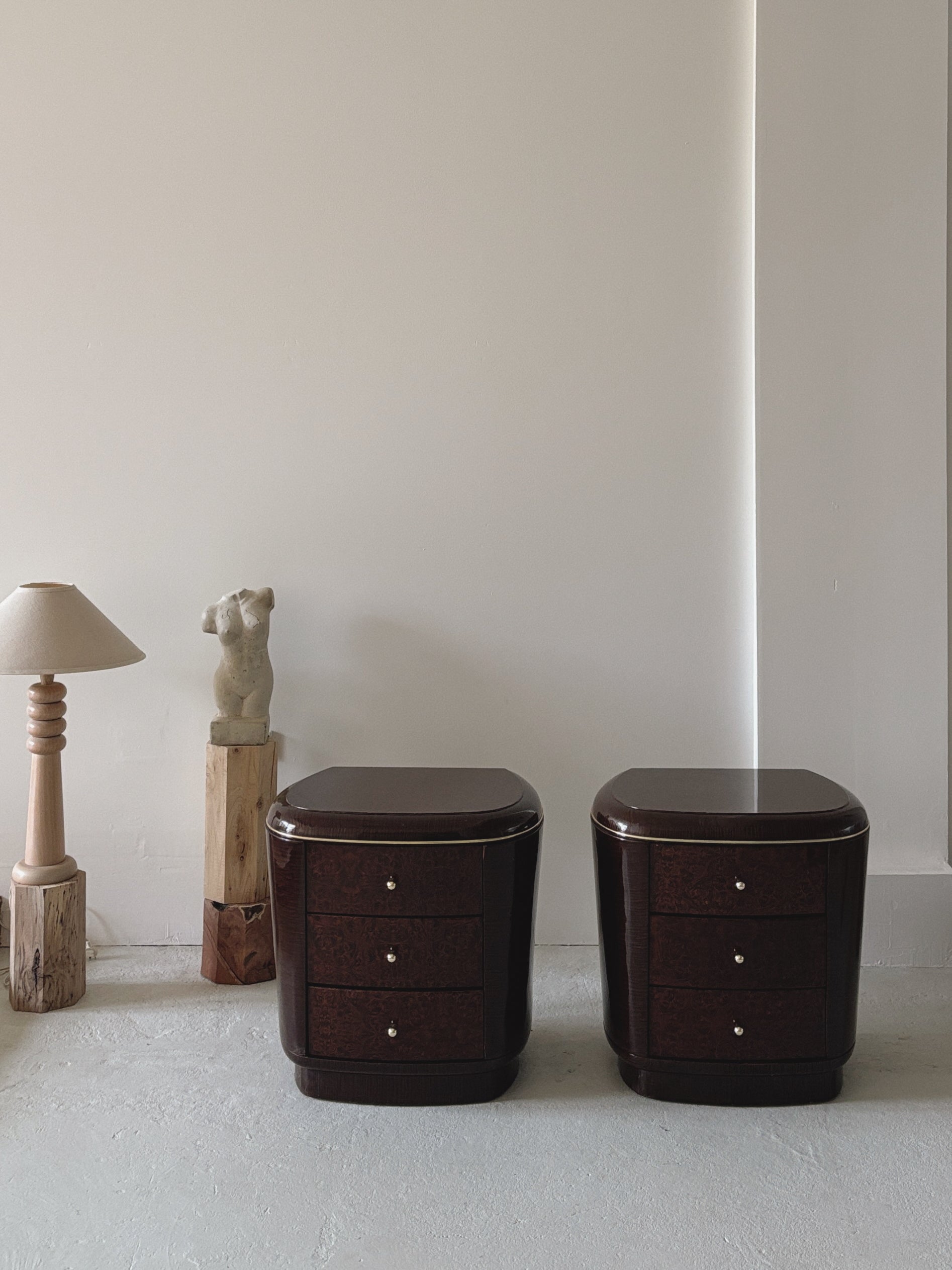 1990s Glossy Burl Bedside Tables