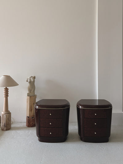 1990s Glossy Burl Bedside Tables