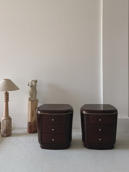 1990s Glossy Burl Bedside Tables