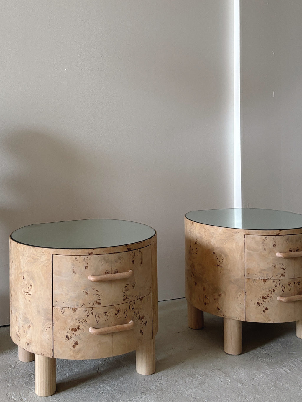 Bespoke Round Burl Bedside Tables
