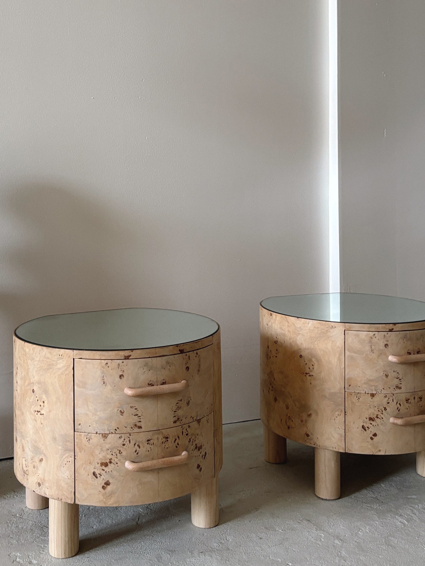 Bespoke Round Burl Bedside Tables