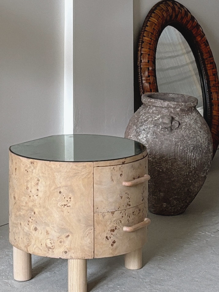 Bespoke Round Burl Bedside Tables