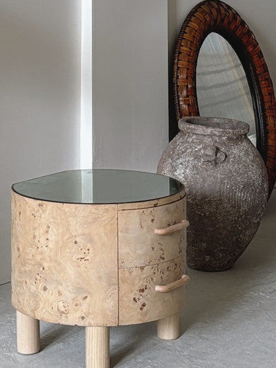 Bespoke Round Burl Bedside Tables
