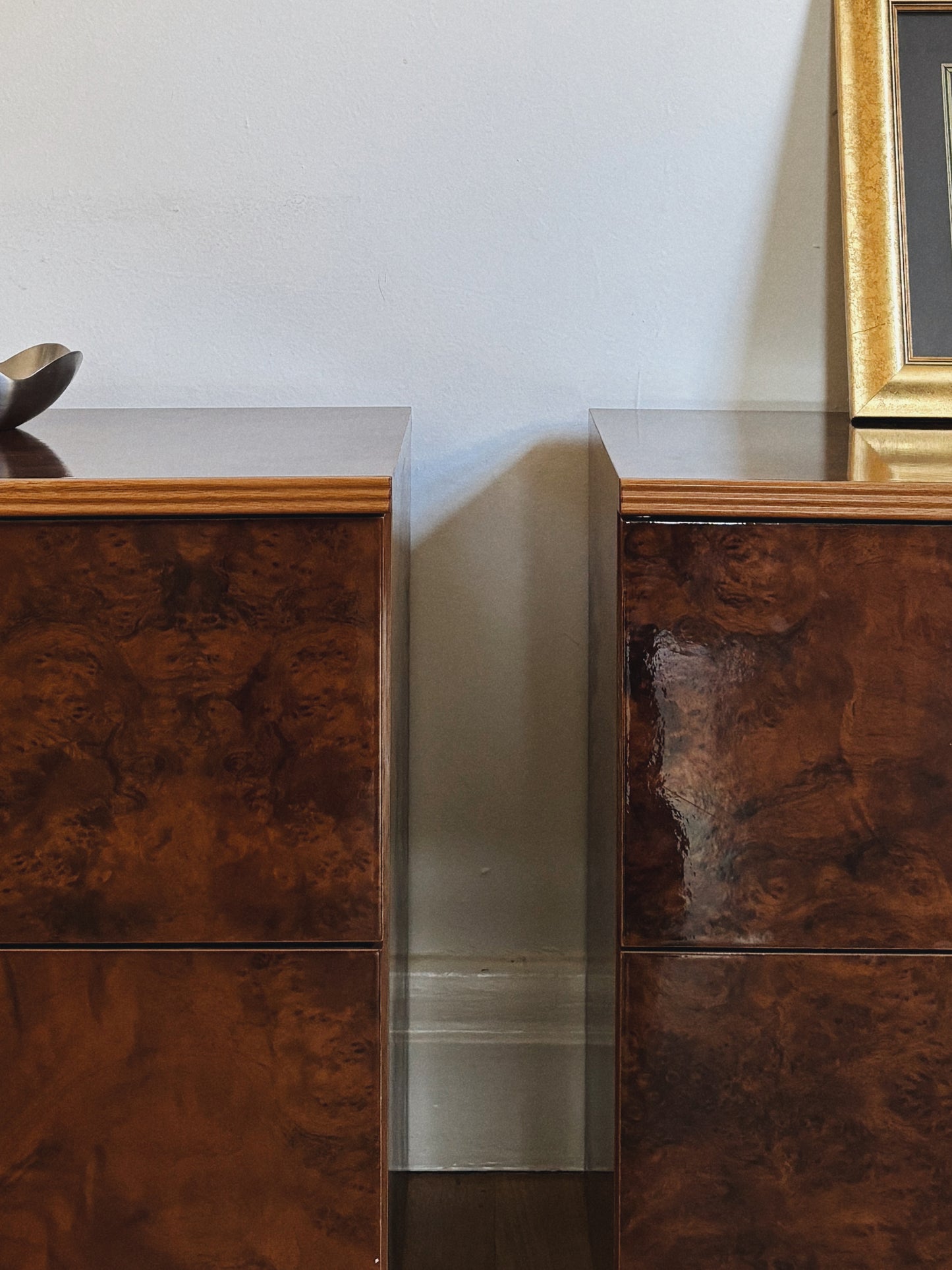 Glossy Burl Bedside Tables