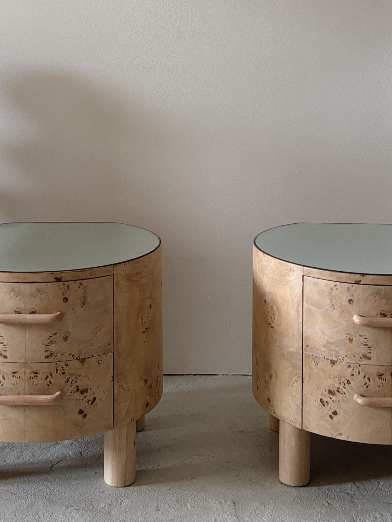 Bespoke Round Burl Bedside Tables
