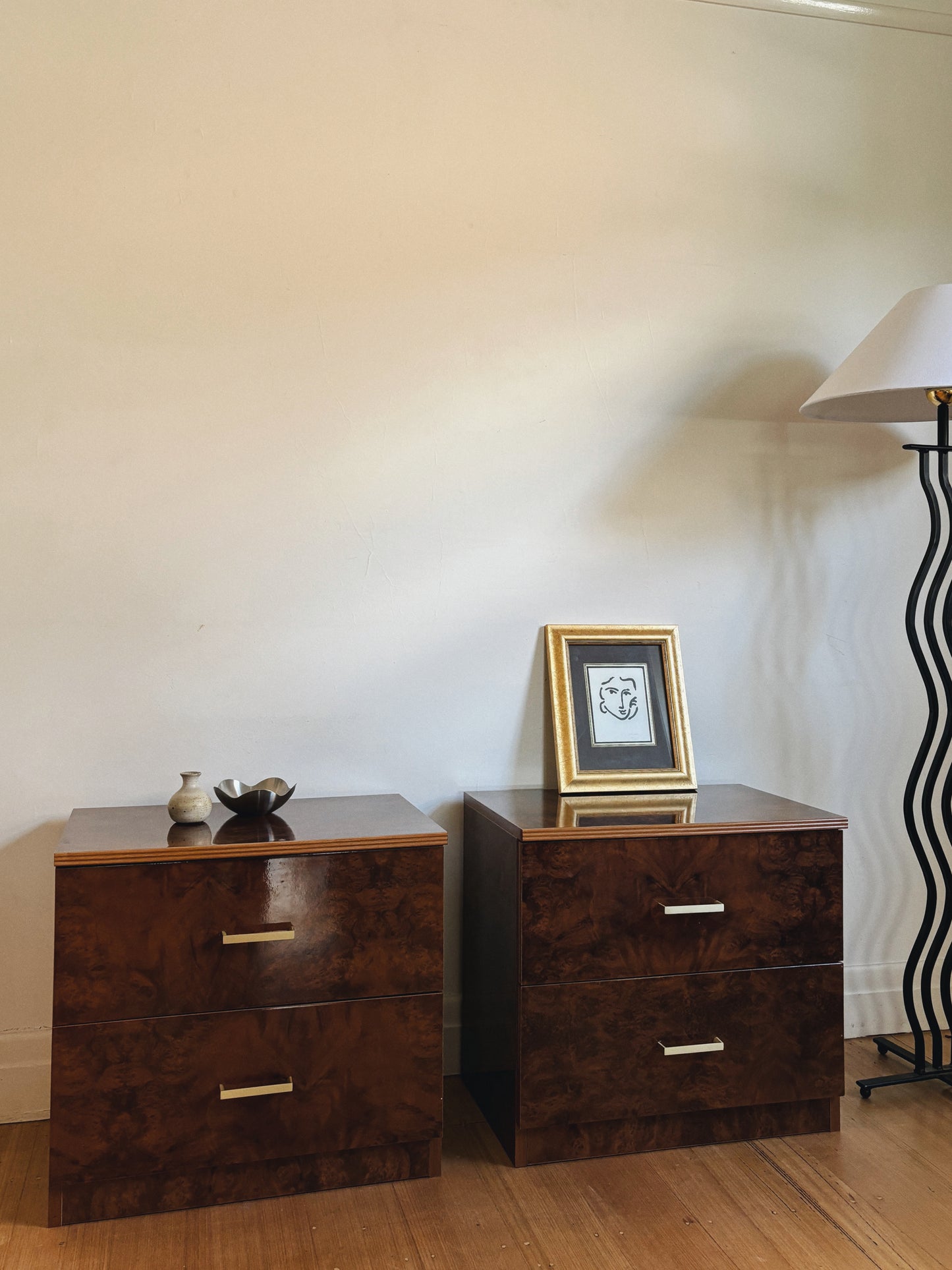 Glossy Burl Bedside Tables