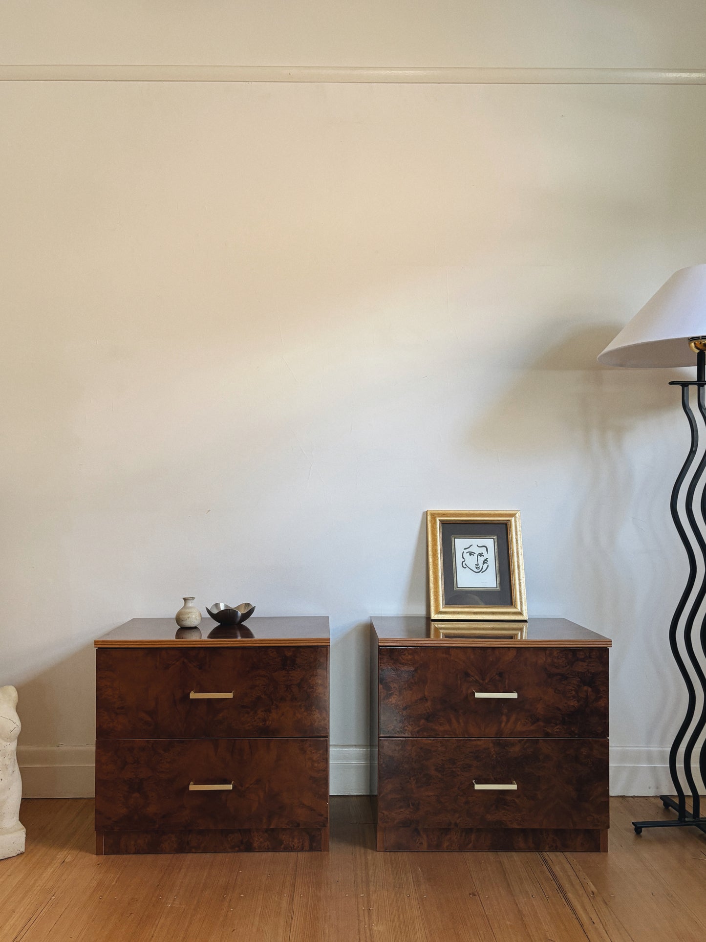 Glossy Burl Bedside Tables