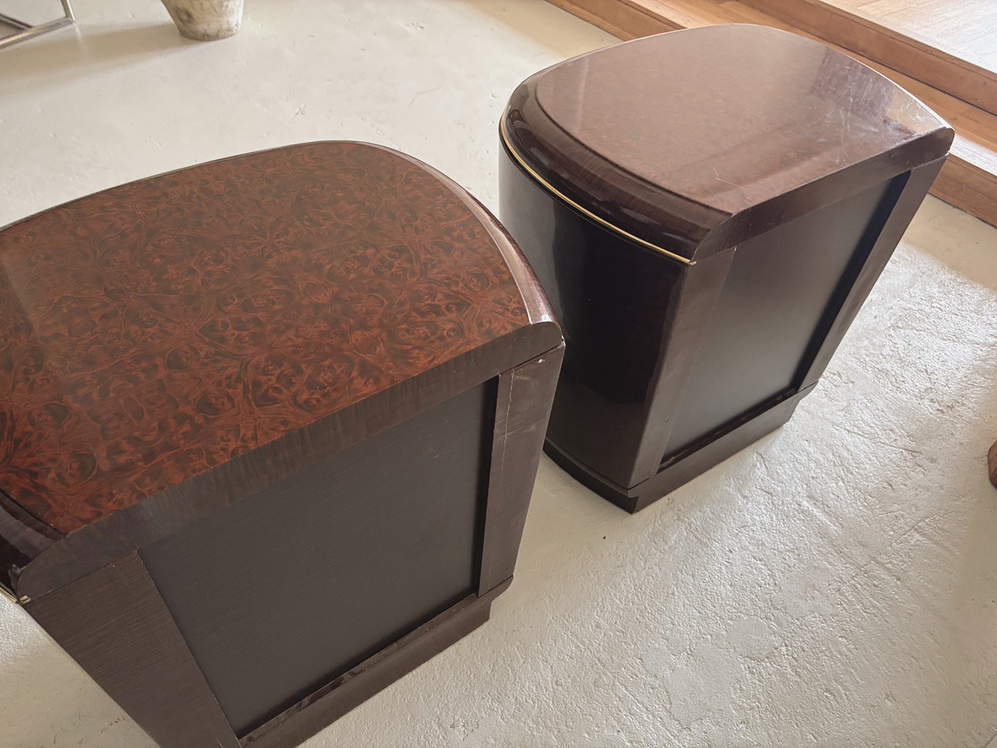 1990s Glossy Burl Bedside Tables