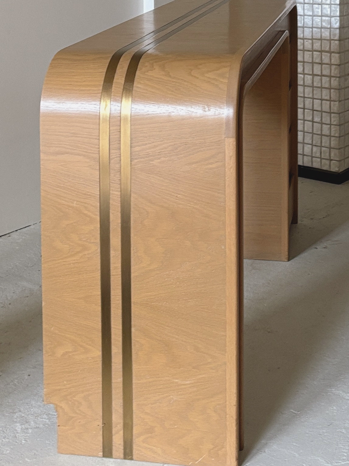 Custom 1980s Brass Inlay Desk + Stool