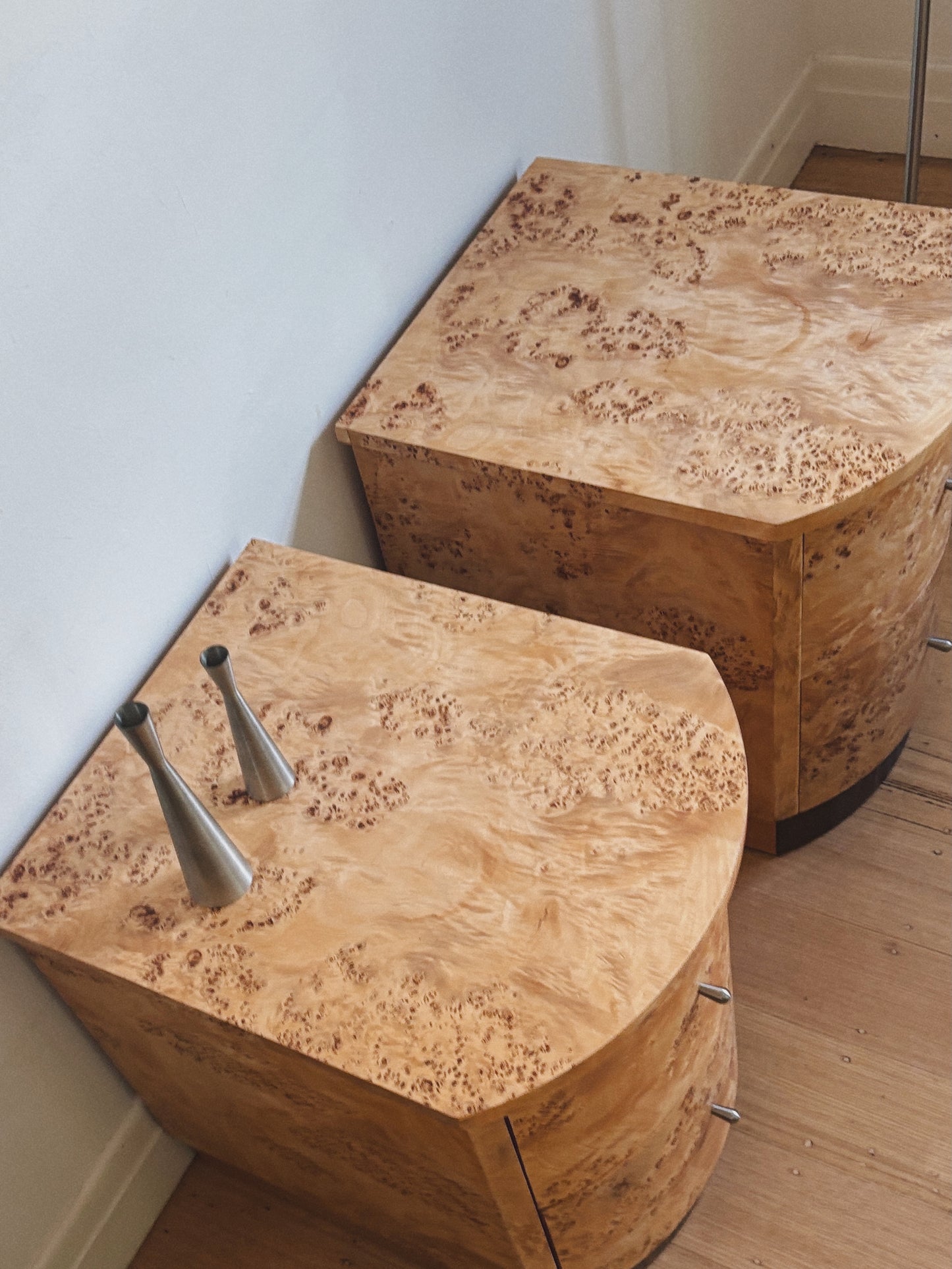 Custom Rounded Burl Bedside Tables