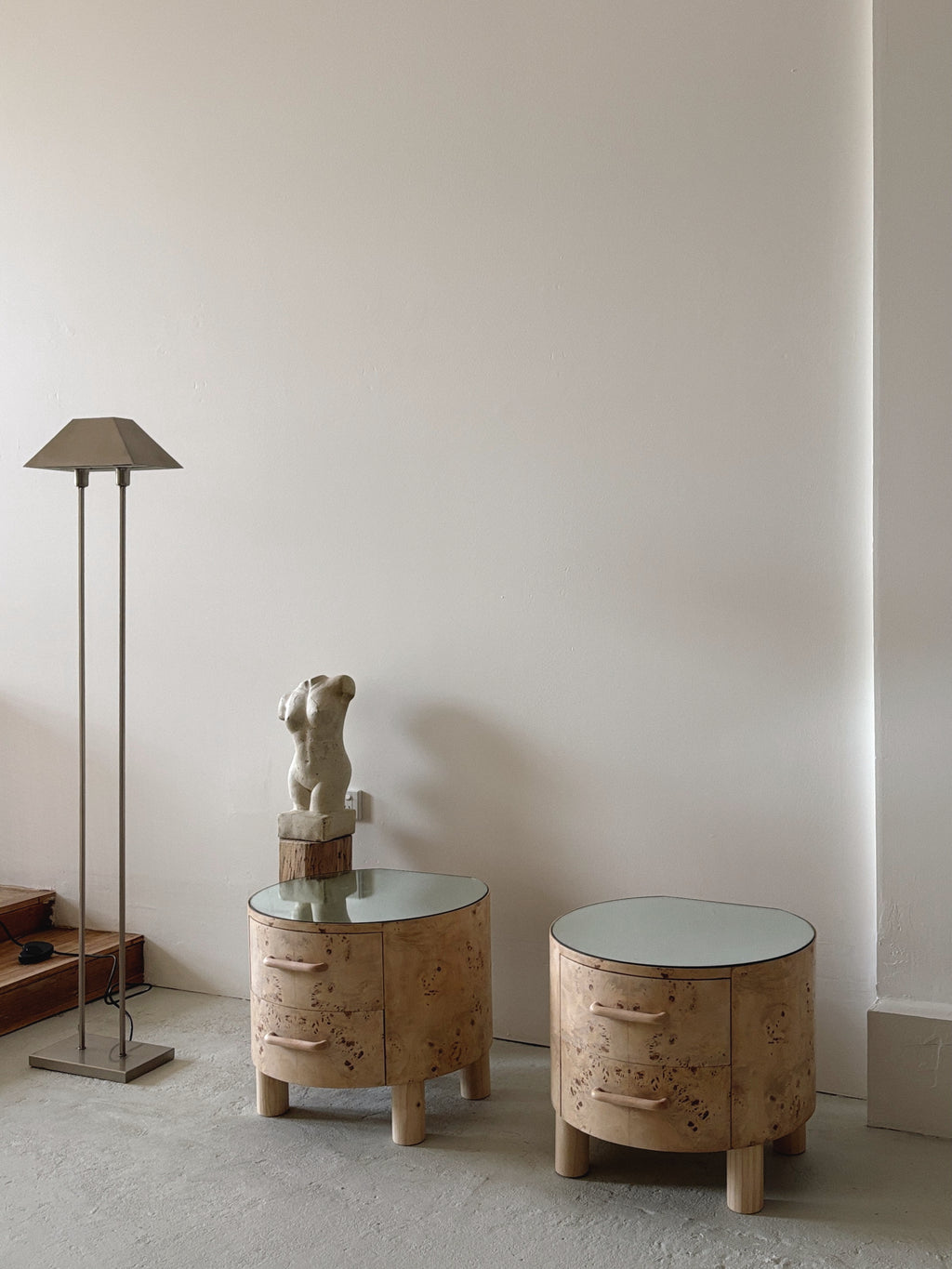 Bespoke Round Burl Bedside Tables