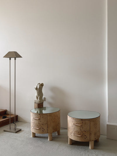 Bespoke Round Burl Bedside Tables