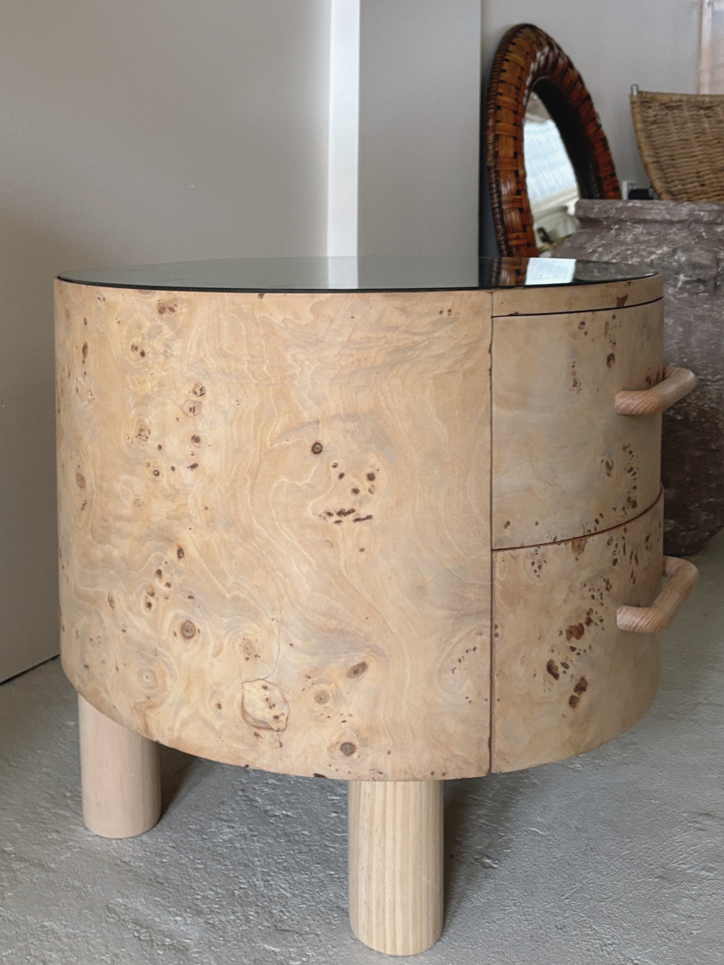 Bespoke Round Burl Bedside Tables