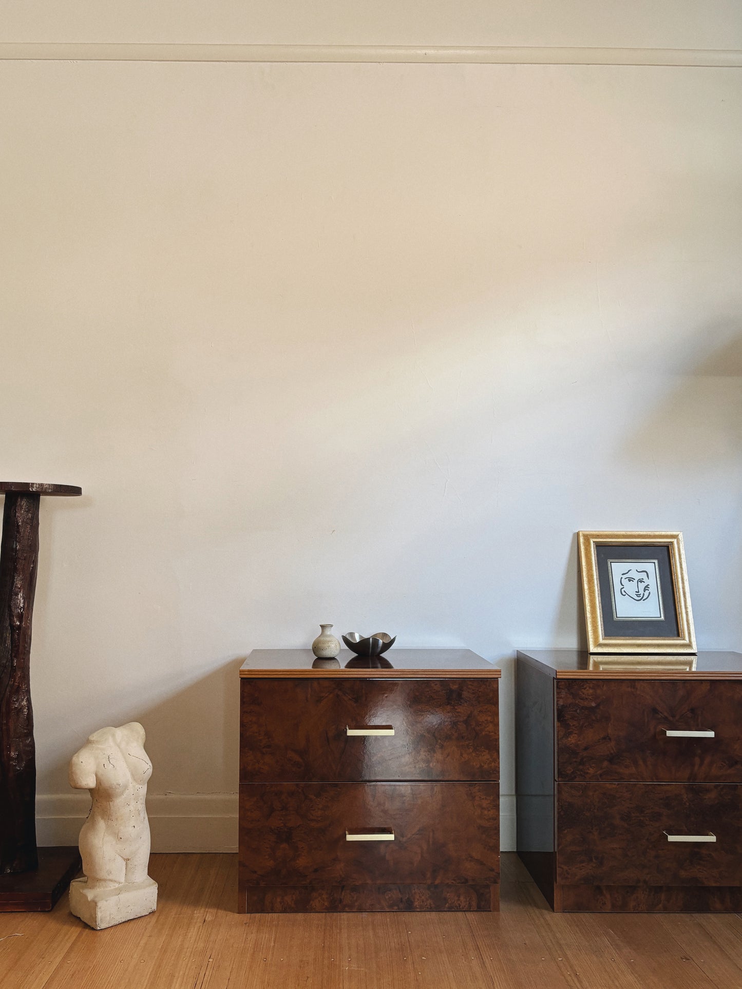 Glossy Burl Bedside Tables