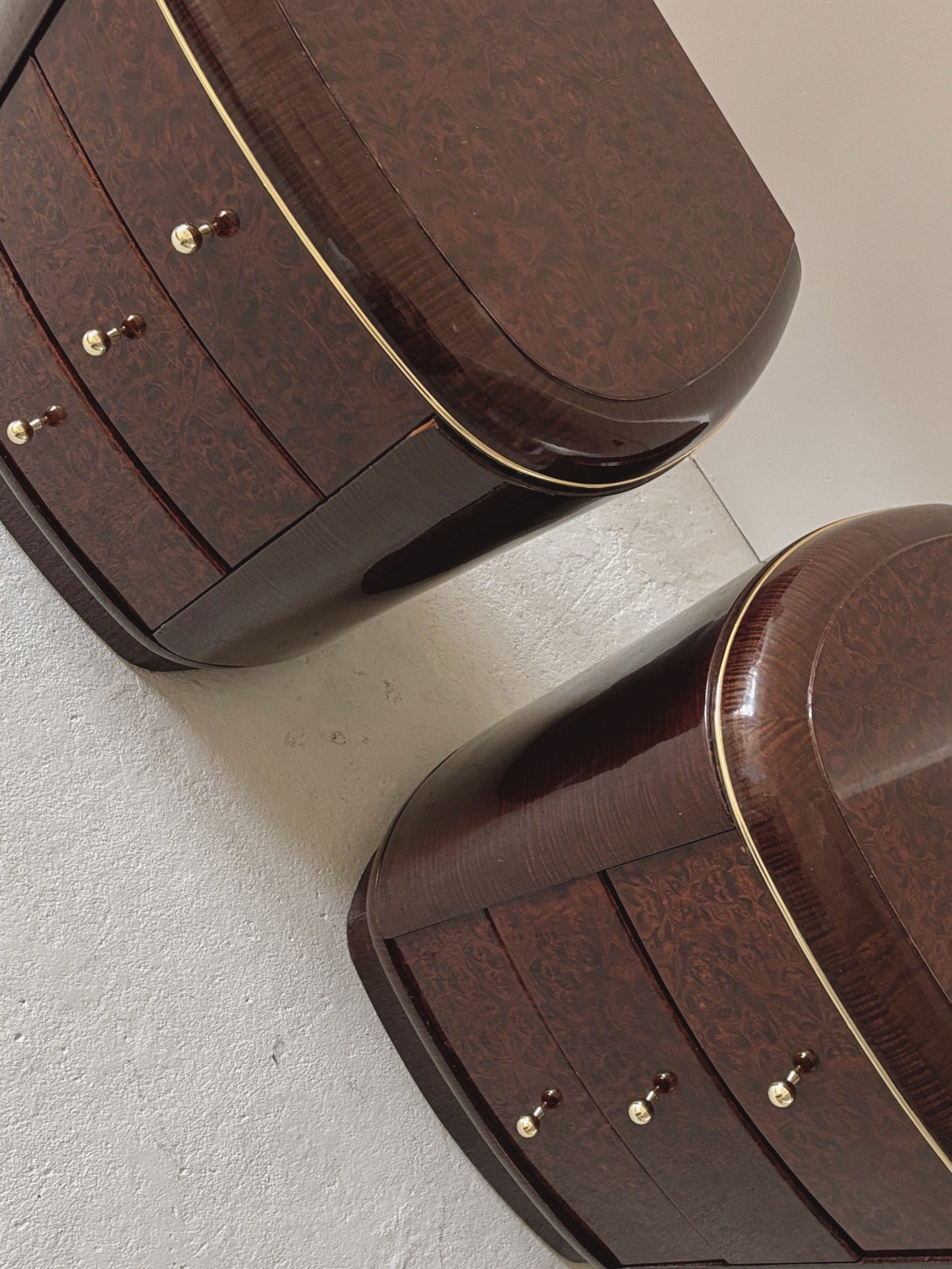 1990s Glossy Burl Bedside Tables