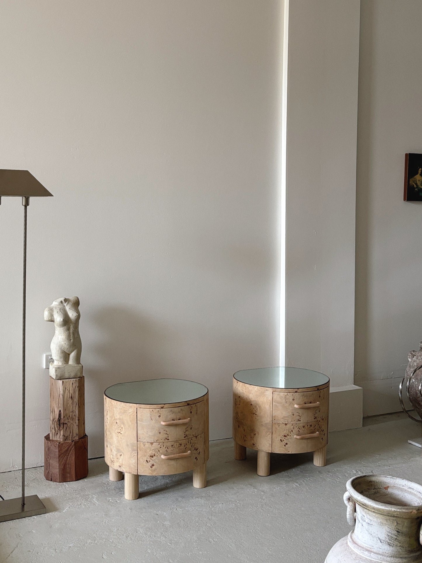 Bespoke Round Burl Bedside Tables