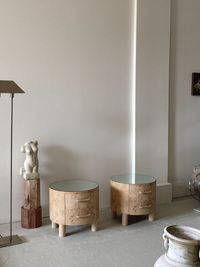 Bespoke Round Burl Bedside Tables
